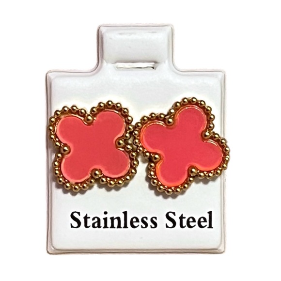 Stainless Steel Pink Clover Gold Tone Stud Earrings - Picture 1 of 2